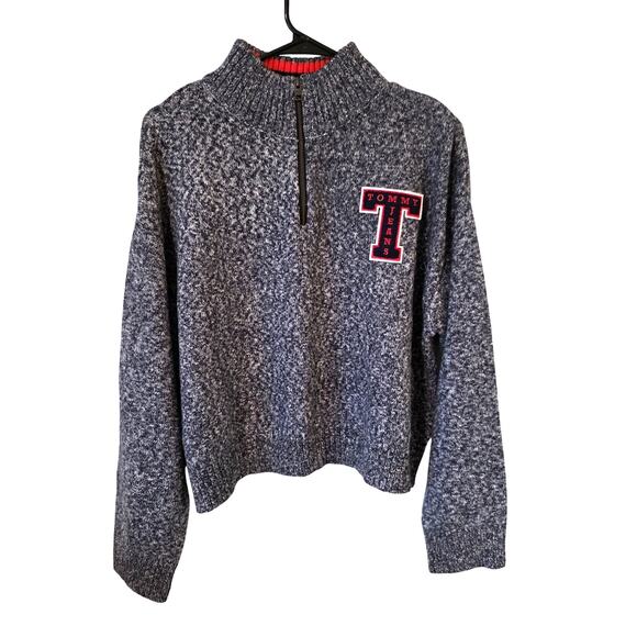 Tommy Jeans Women's 1/4 zip Mock Neck Cropped Varsity Sweater Size Large Gray - Picture 1 of 3